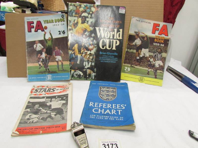 A Football Association chart with whistle, 1953-54 and 1955 - 56 FA year books,