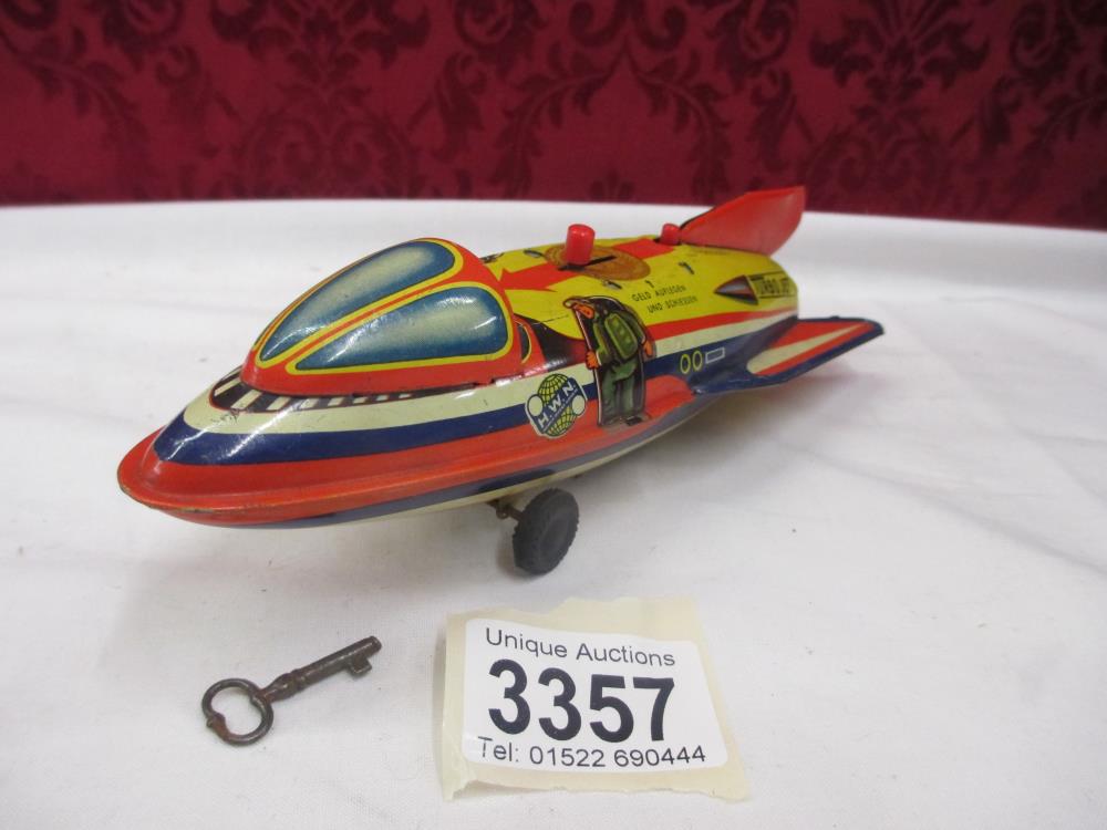 A HWN Rocket Mechanical Bank with key - tinplate West Germany - firing mechanism functions well - Image 2 of 8