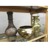 2 oriental brass vases and a brass jardiniere.