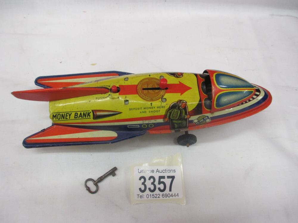 A HWN Rocket Mechanical Bank with key - tinplate West Germany - firing mechanism functions well - Image 5 of 8