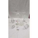 A glass stork, a glass owl, a glass frog, 2 glass swans, 2 glass candle holders (1 a.