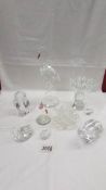 A glass stork, a glass owl, a glass frog, 2 glass swans, 2 glass candle holders (1 a.