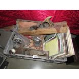 A box and contents including LP's from musicals. car speedo, 2 wood planes etc.