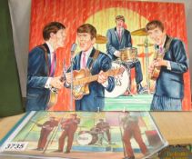 2 Walt Howarth "The Beatles Playing" prints and an original watercolour painting.