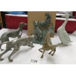 5 metal animals - 2 greyhounds, mountain goats, duck and Pegasus.