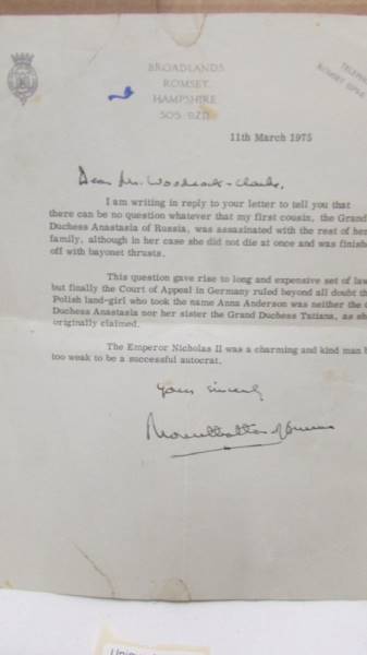 A signed letter from the late Lord Mountbatten dated 11th March 1975, about Grand Duchess Anastasia.