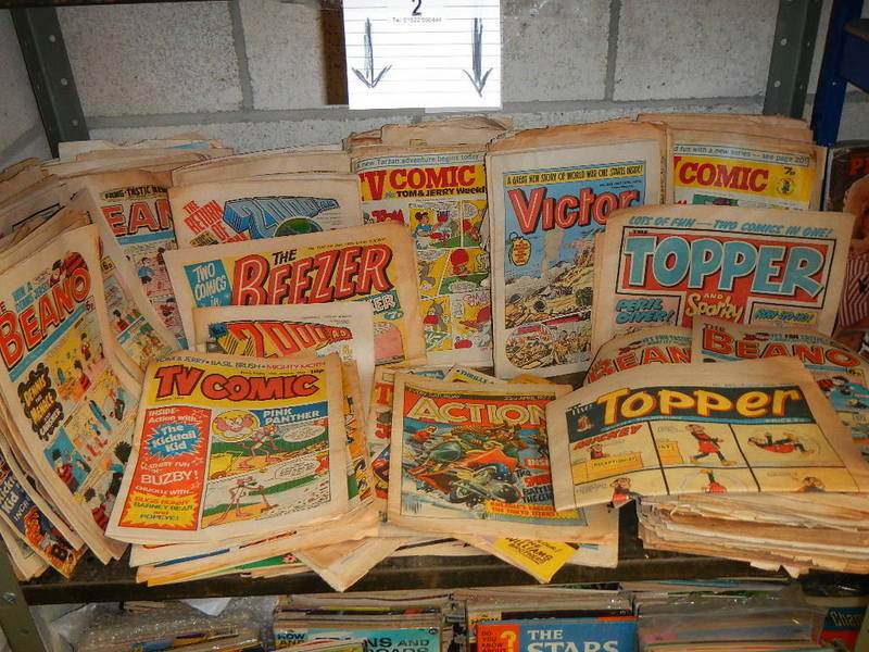 One shelf of old comics including Topper, Victor, Beano, TV Comic, Beezer etc.