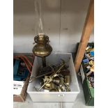 A brass oil lamp (no shade) & a box of brassware/metal ware