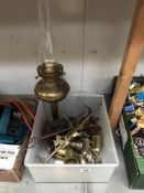 A brass oil lamp (no shade) & a box of brassware/metal ware