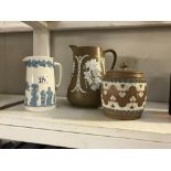 2 jasperware jugs and a tobacco jar A/F