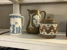 2 jasperware jugs and a tobacco jar A/F