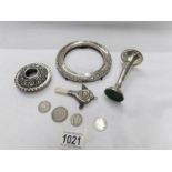 A mixed lot of hall marked silver items including babies rattle/teether, coins, spill vase etc.