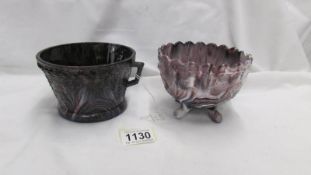 A Beautifully patterned Victorian purple slag glass sugar bowl with 2 handles,