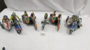 5 tin plate motorcycles including 4 with side cars.