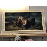 A large 1970's framed oil on canvas of horses huddling through the storm