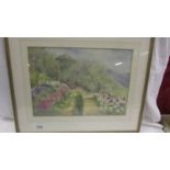 A framed and glazed watercolour woodland path, initialled A C.