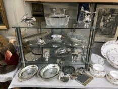 A good lot of silver plate items including serving dishes, sugar sifter & napkin rings etc.