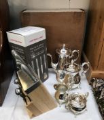 A French professional knife block (boxed) & a silver plate tea set, coffee, tea,