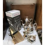 A French professional knife block (boxed) & a silver plate tea set, coffee, tea,