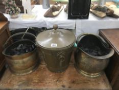 2 brass coal bins (full of coal) and a brass coal bin.