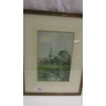 A framed and glazed watercolour rural scene with church steeple, initialled A M S.