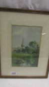 A framed and glazed watercolour rural scene with church steeple, initialled A M S.