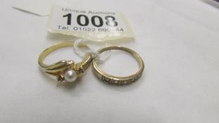 An unmarked 9ct yellow gold 5 stone ring, size O and a yellow metal pearl ring, size P half.