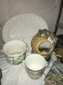 A crab pot with climbing crabs a/f and large turkey platter and 2 jardinieres