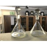 2 conical glass decanters