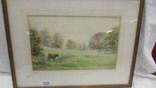 A framed and glazed watercolour of a stately home (possibly Doddington Hall) with a cow in the