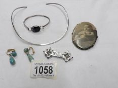 A silver necklace together with a stone set bangle and other items (some silver).