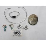 A silver necklace together with a stone set bangle and other items (some silver).