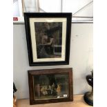 2 old framed & glazed prints, 2 men outside a tavern & Georgian gentleman in discussion.