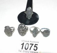 5 vintage silver marcasite rings.