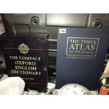 Two large boxed books Atlas of the World and Complete English Dictionary