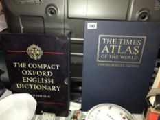 Two large boxed books Atlas of the World and Complete English Dictionary