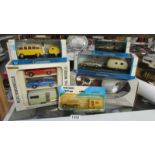 6 boxed die cast cars with caravans - VW, Mercedes Benz, BMW Isetta 250, Matchbox etc.