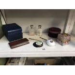 A mixed lot including scent bottle boxes, musical box & fountain pens etc.