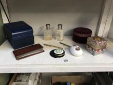 A mixed lot including scent bottle boxes, musical box & fountain pens etc.