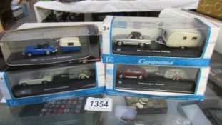 4 boxed miniature die cast cars with caravans - VW Beetle, Porsche, MGB, VW Beetle.