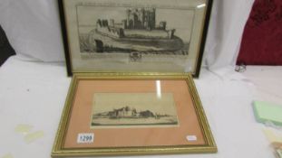 A framed and glazed engraving of Peele Castle, Lancaster and one other.