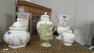 3 Aynsley lidded jars, an Aynsley vase and 2 other items.