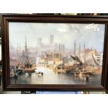 A framed and glazed print harbour scene signed W Carmichael, 1851.