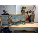 2 good framed & glazed embroidery pictures 'Good morning' & 'sailing ship' & 1 other