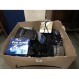 A box of household electrical goods including a Playstation 2 game station & HP computer keyboard