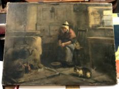 An unframed 19th century oil on canvas of a cottage interior with woman and cat signed H J Dobson