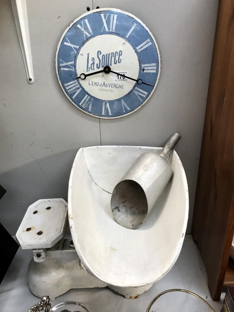 A vintage scales & scoop (no weights) & a French tin plate clock