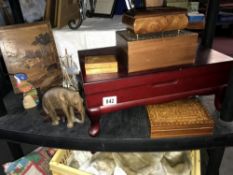A shelf of wooden items including Queen Anne legged lidded box, two inlaid boxes, stamp box etc.