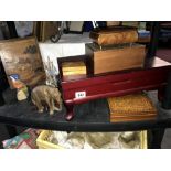 A shelf of wooden items including Queen Anne legged lidded box, two inlaid boxes, stamp box etc.