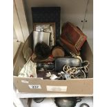 A box of miscellaneous including tins, razors & harmonica etc.